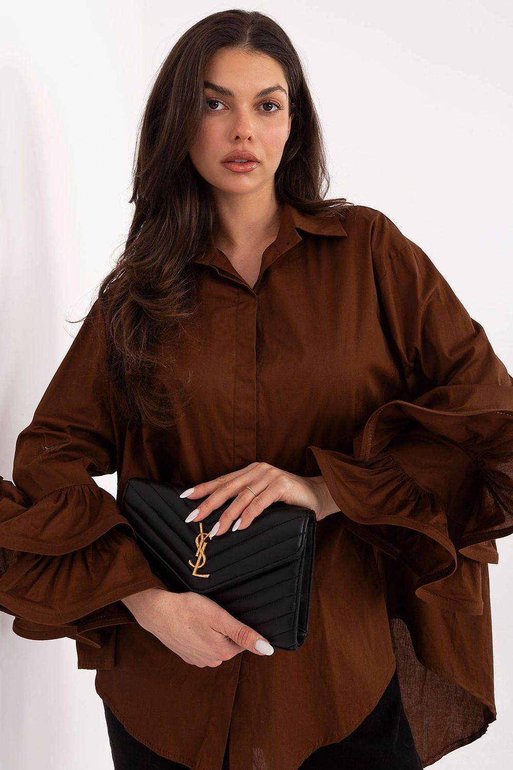 Brown ruffled long-sleeve shirt, button front and ruffled cuffs