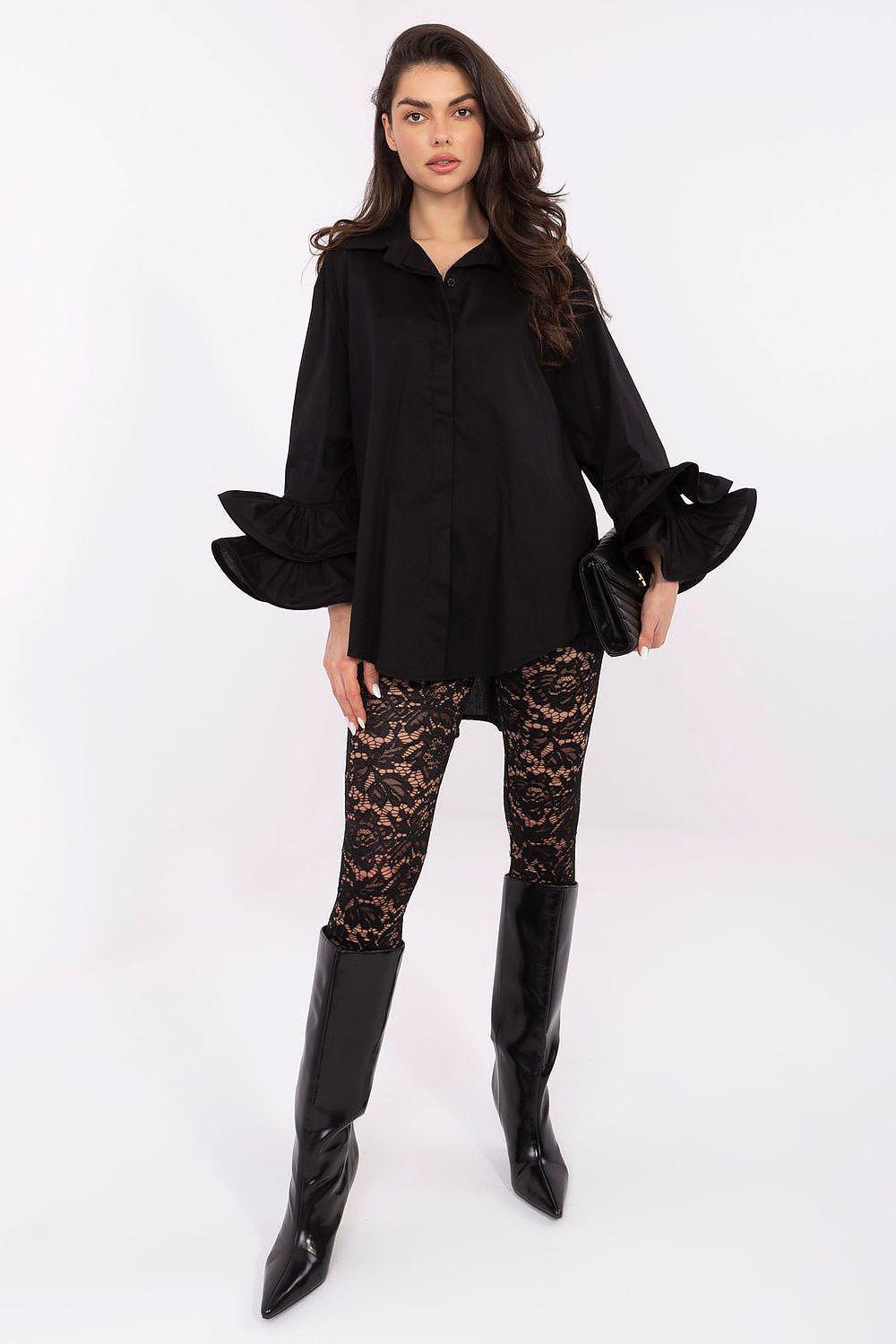 Black long-sleeve shirt with ruffled cuffs, button-front detail