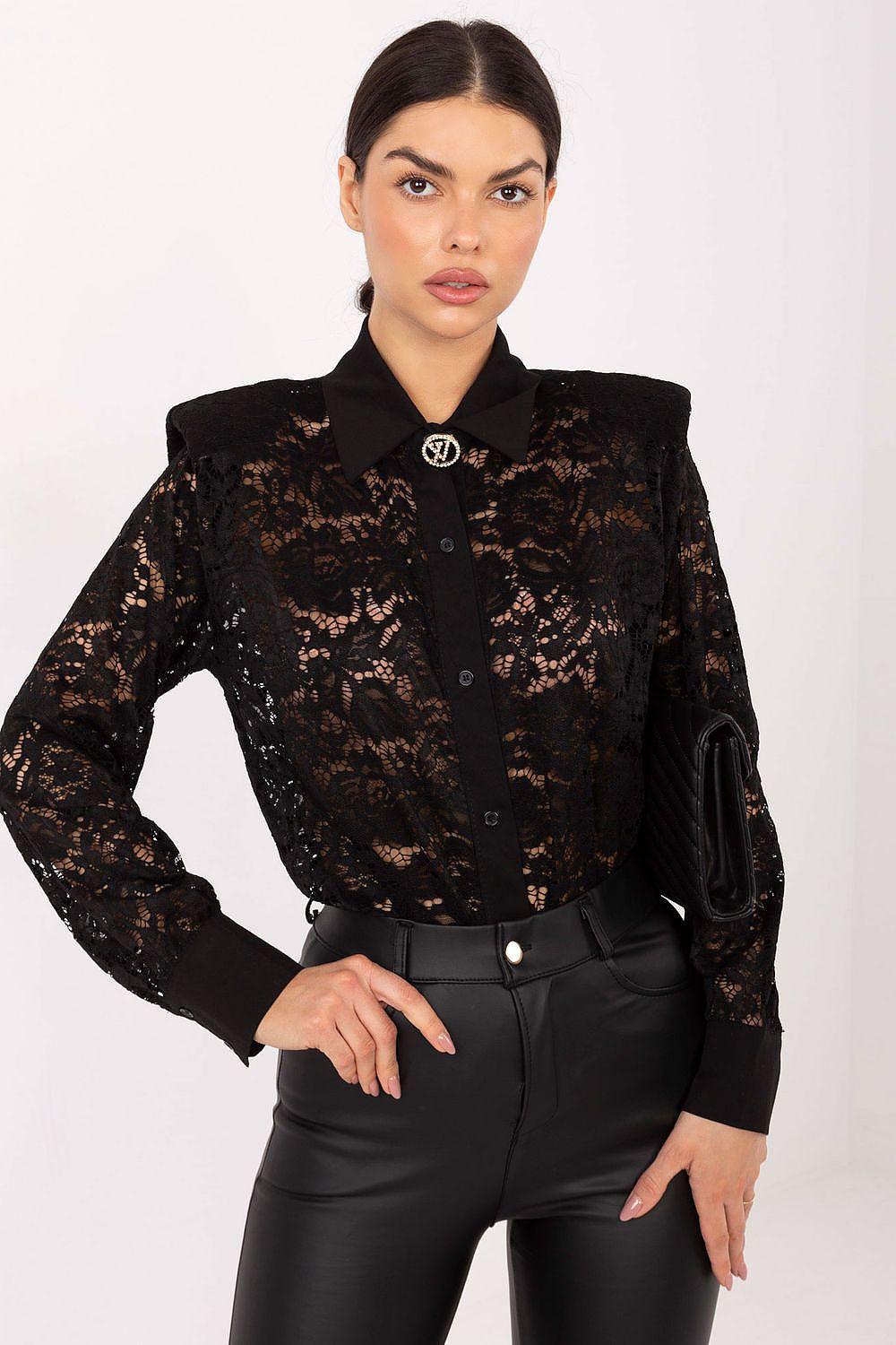 Black lace long-sleeve shirt with pointed collar and button front