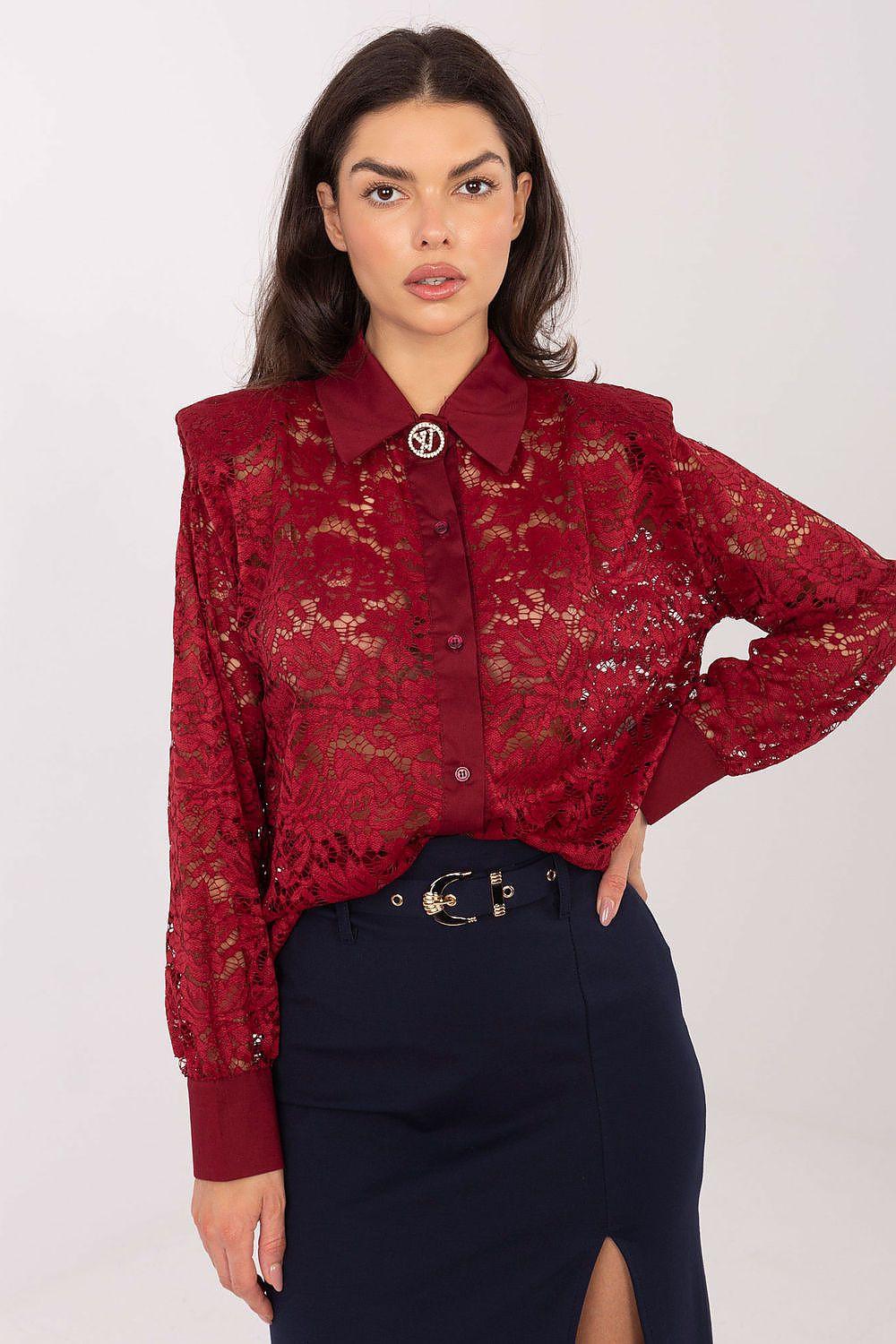 Red lace long-sleeve shirt with button front and stand collar