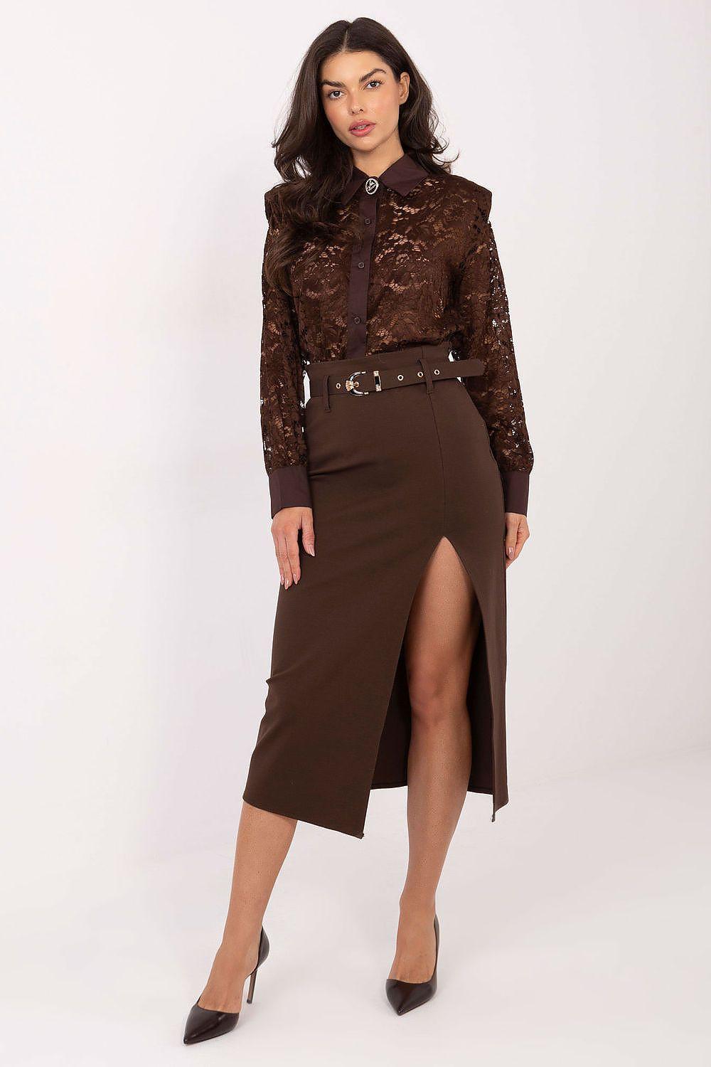 Brown lace long sleeve shirt with button front and high collar