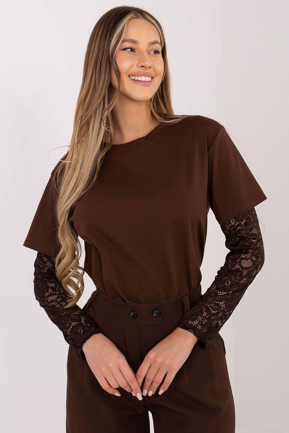 Brown blouse with lace sleeves and short cuffed sleeves, round neckline
