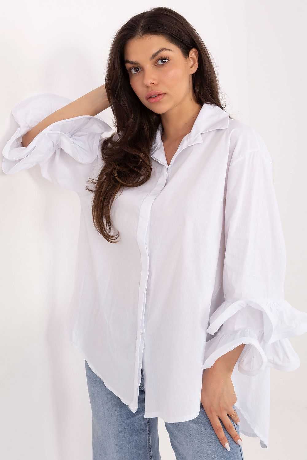 White women’s long-sleeve shirt with frilled cuffs and pointed collar
