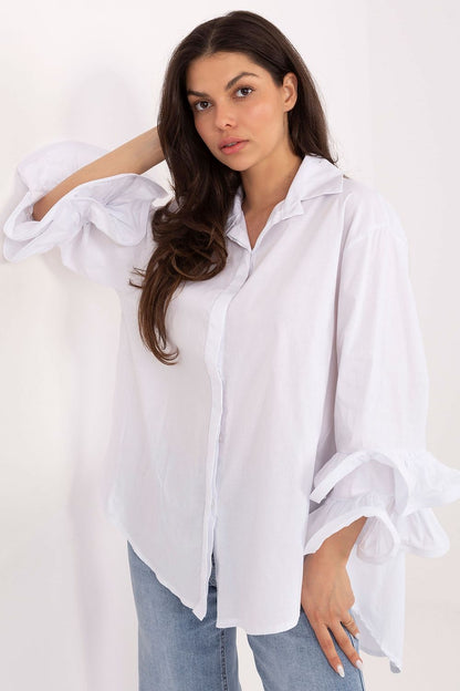 White women’s long-sleeve shirt with frilled cuffs and pointed collar