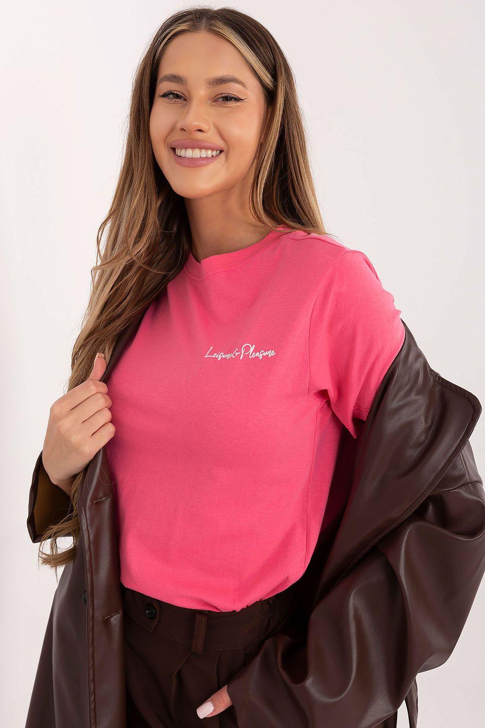 Women's pink T-shirt with small chest logo print, crew neck, short sleeves