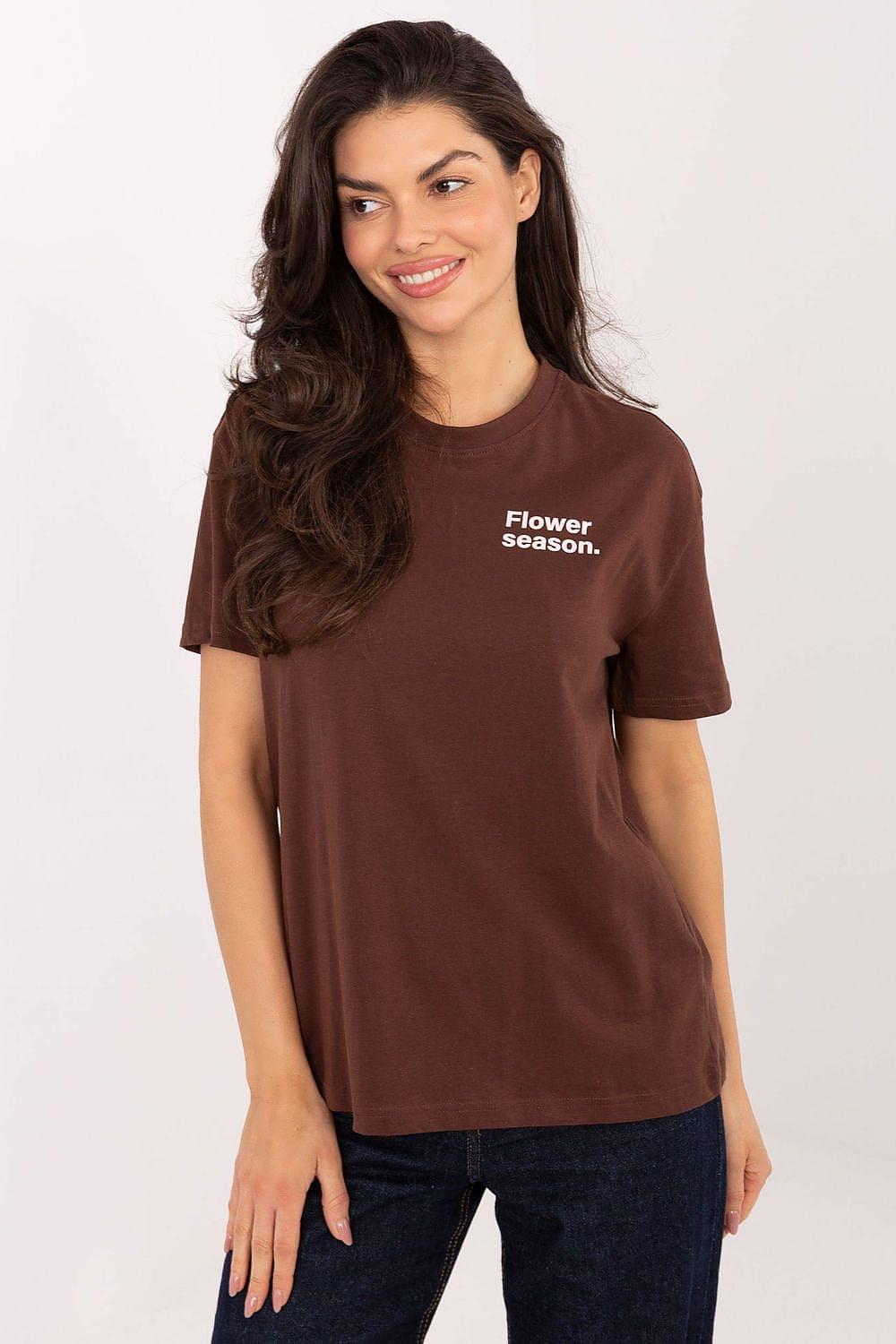 Brown T-shirt with 'Flower season' front print, short sleeves