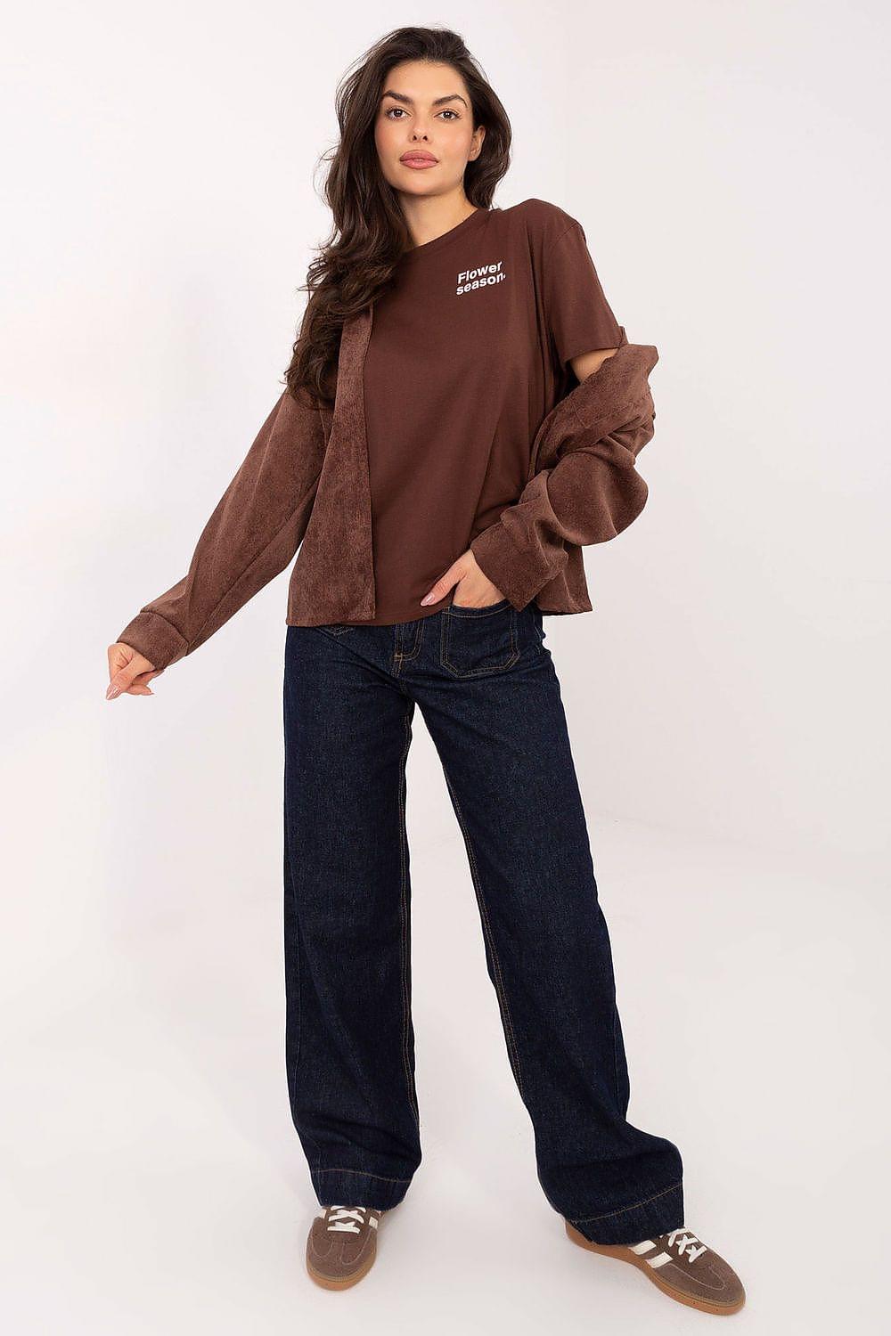 Brown long-sleeve overshirt with button front, stand collar, patch pockets