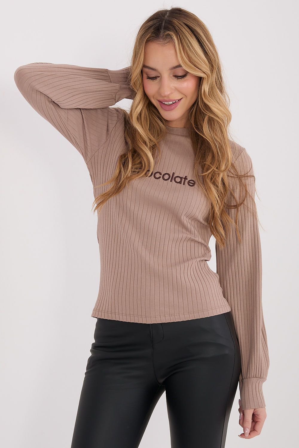 Beige ribbed long-sleeve blouse with crew neck and fitted straight hem