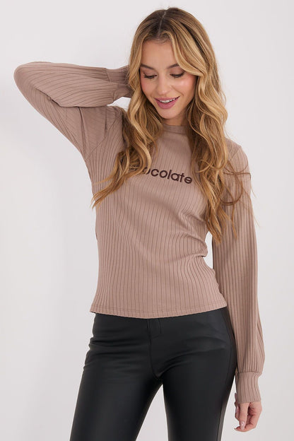 Beige ribbed long-sleeve blouse with crew neck and fitted straight hem