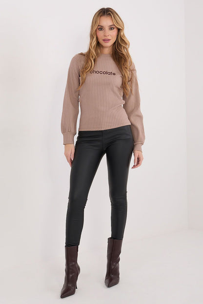Beige ribbed long-sleeve blouse, crew neck, slightly fitted silhouette