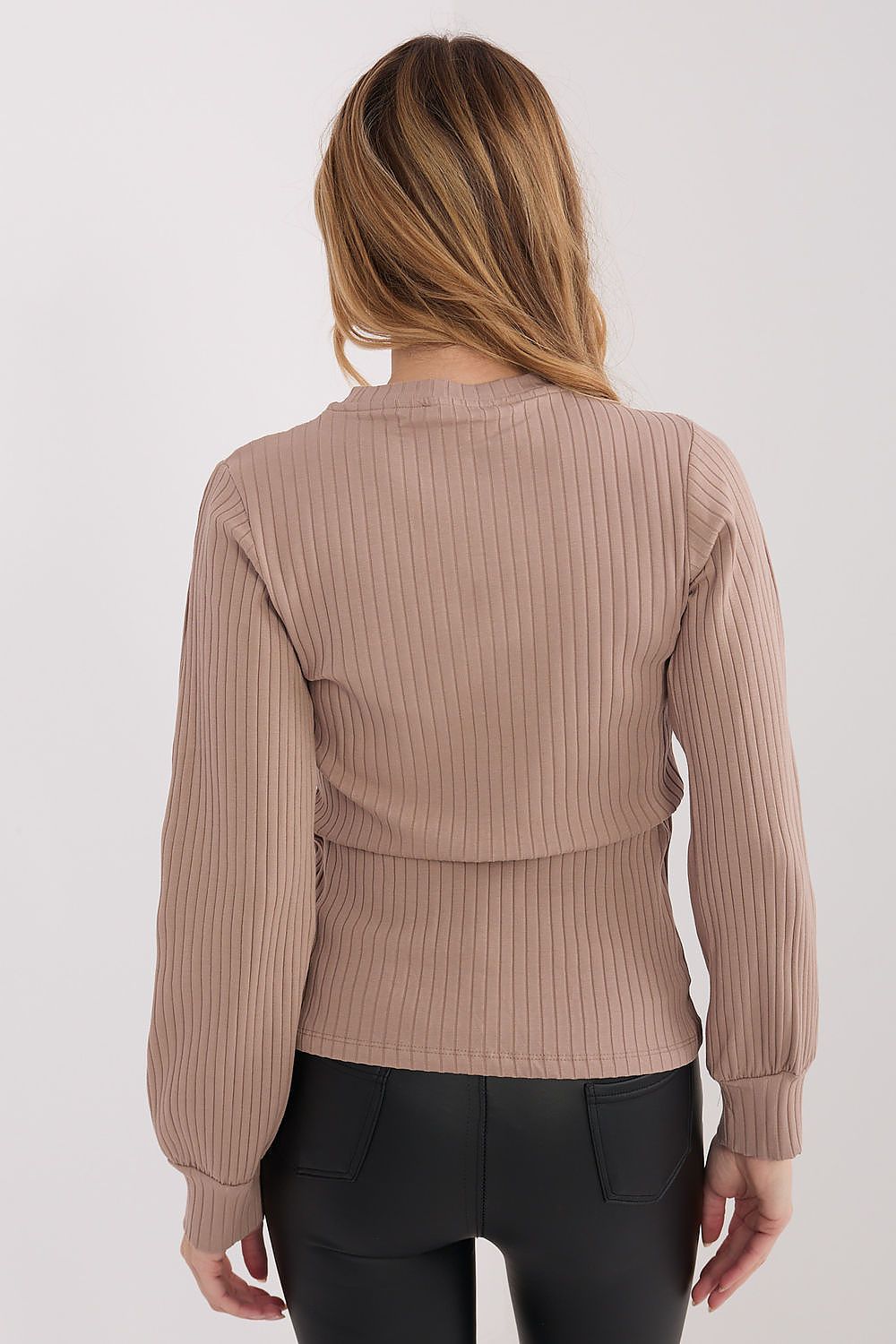 Beige ribbed long-sleeve blouse back view with crew neckline and waist seam