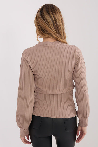 Beige ribbed long-sleeve blouse back view with crew neckline and waist seam