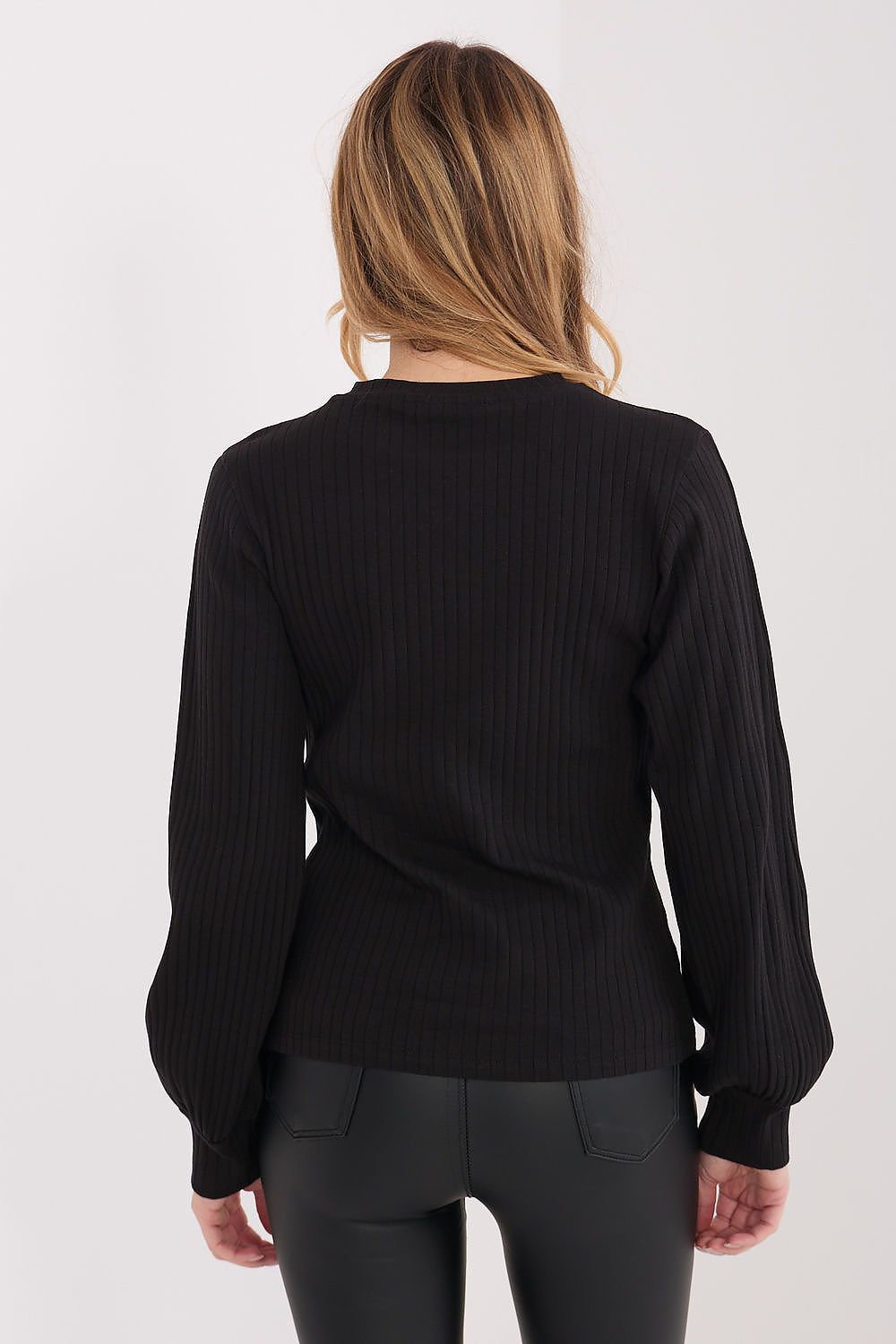 Black ribbed long-sleeve blouse back view with crew neckline and waist seam