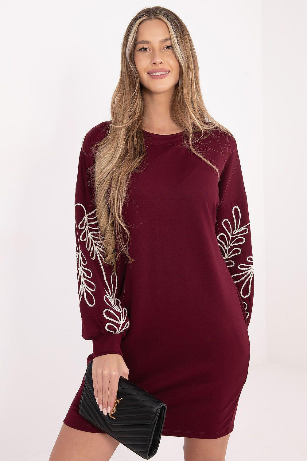 Burgundy day dress with crew neck and long sleeves, white embroidered floral cuffs