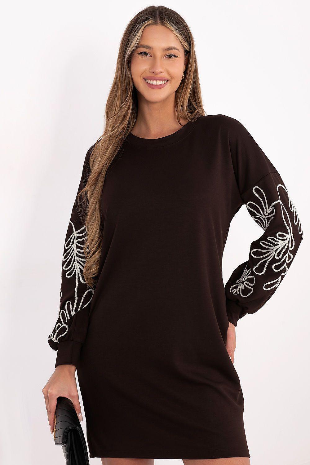 Black day dress with long sleeves and white floral embroidery at sleeves