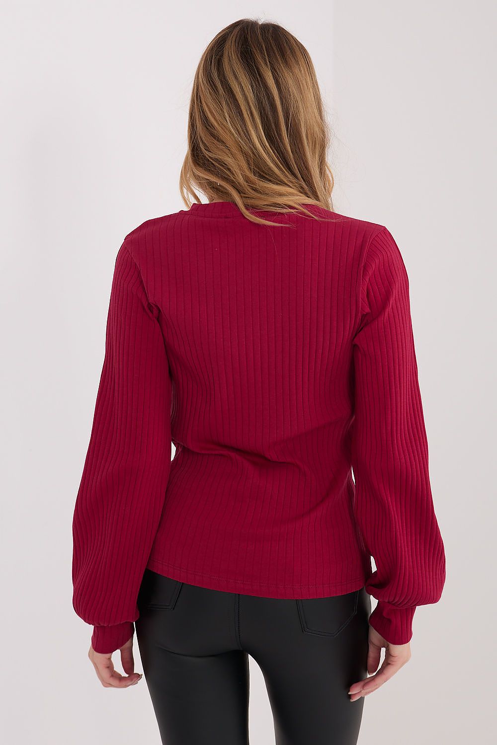 Red long-sleeve blouse with ribbed knit, back view