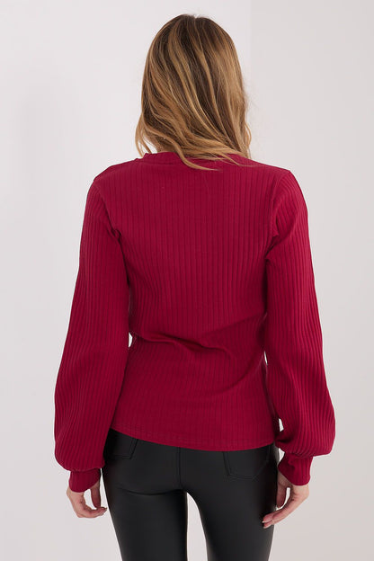 Red long-sleeve blouse with ribbed knit, back view