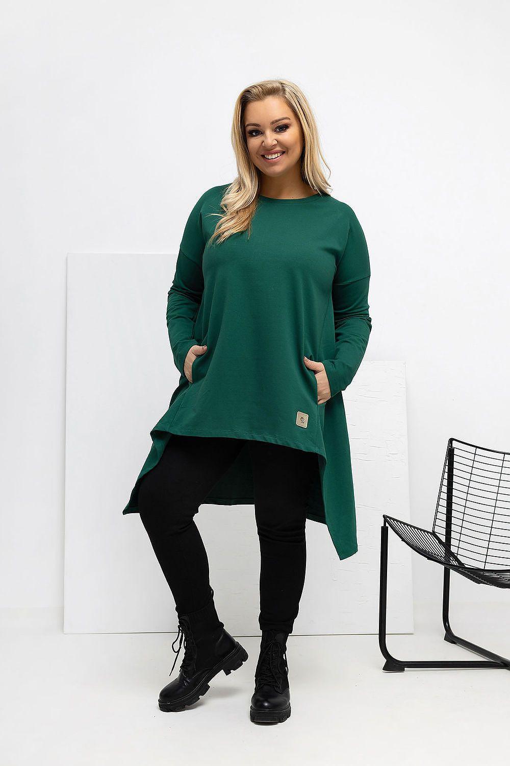 Plus-size green tunic with long sleeves and asymmetrical hem, relaxed fit