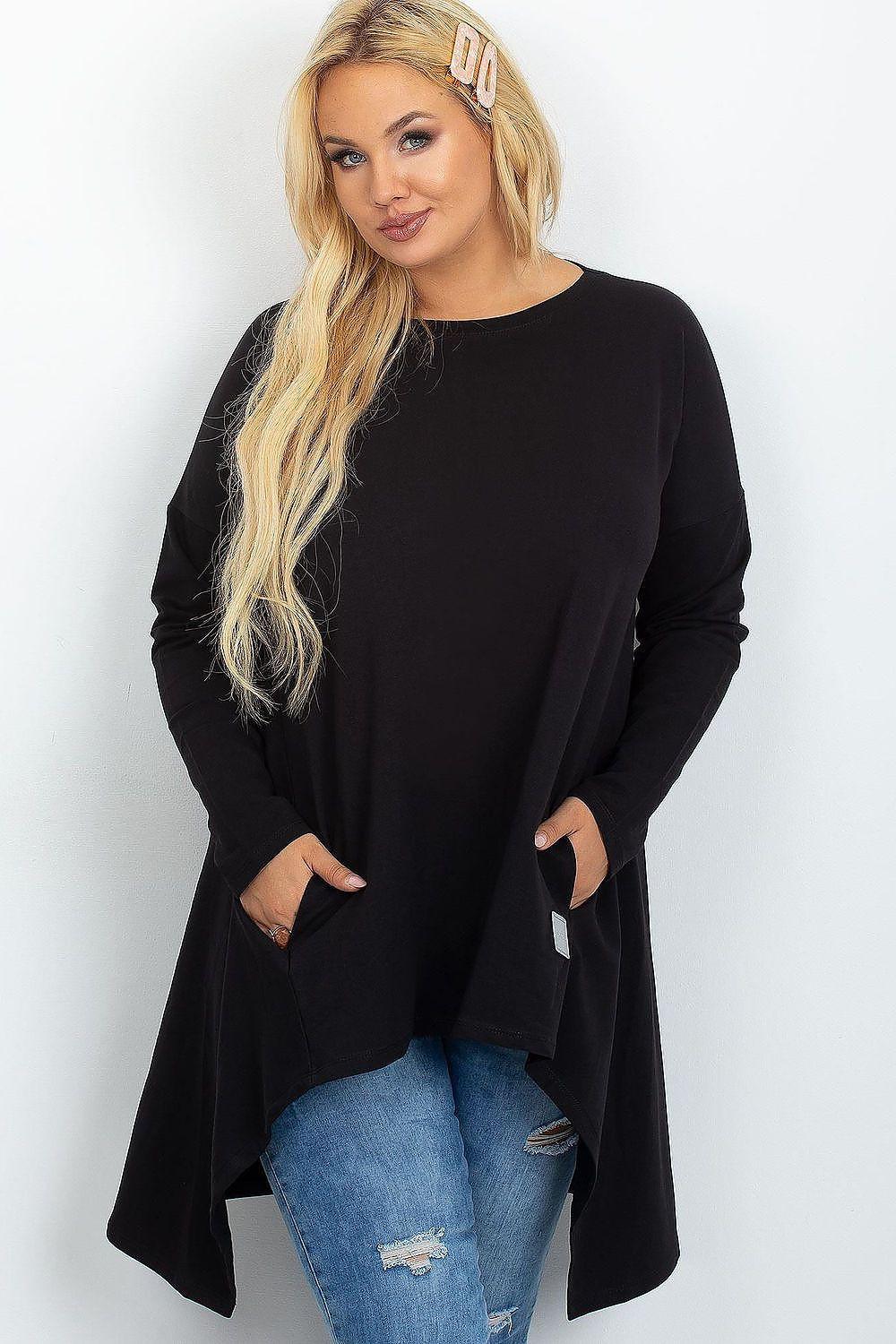 Black plus size tunic with long sleeves and asymmetrical hem, relaxed fit
