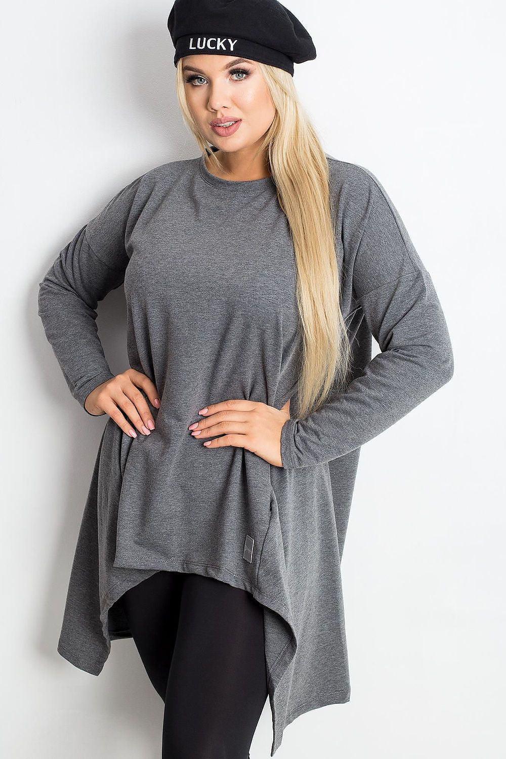 Grey long-sleeve tunic with asymmetrical hem and relaxed drape, round neckline