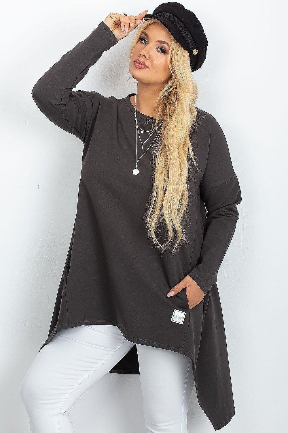 Asymmetrical long-sleeve plus size tunic in dark grey with uneven curved hem.
