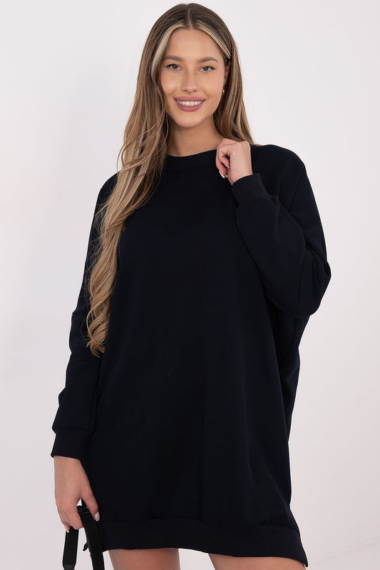 Navy sweatshirt day dress in dark cotton blend, long sleeves, relaxed mini length