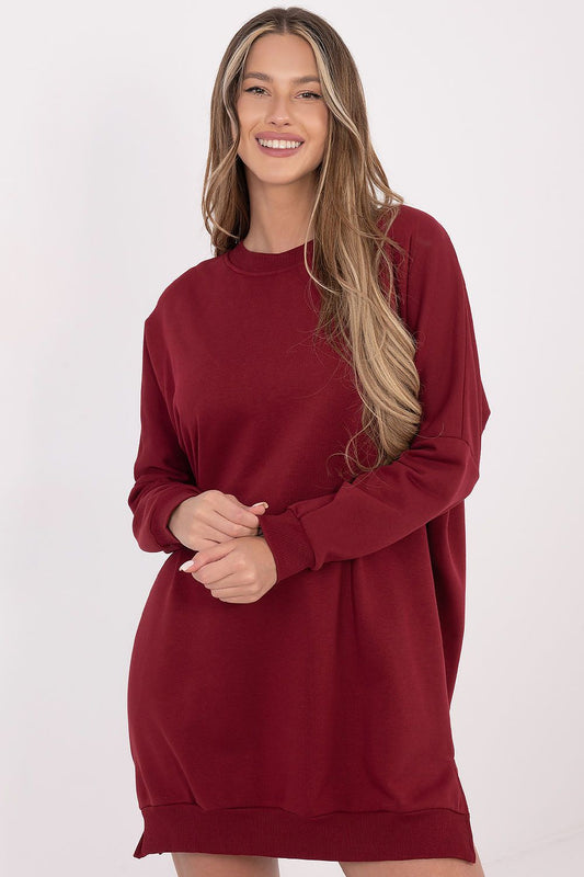 Red sweatshirt-style day dress with crew neck and long sleeves, straight hem