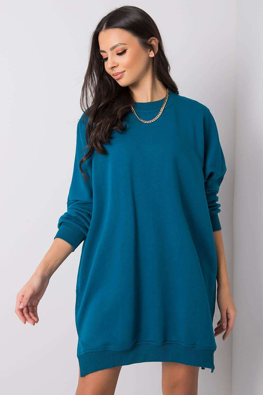 Teal cotton sweatshirt dress, crew neck, long sleeves, loose fit, above-knee hem