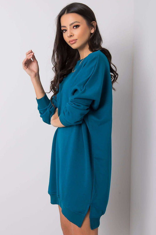 Teal sweatshirt day dress with crew neck, long sleeves, side slit detail, loose drape