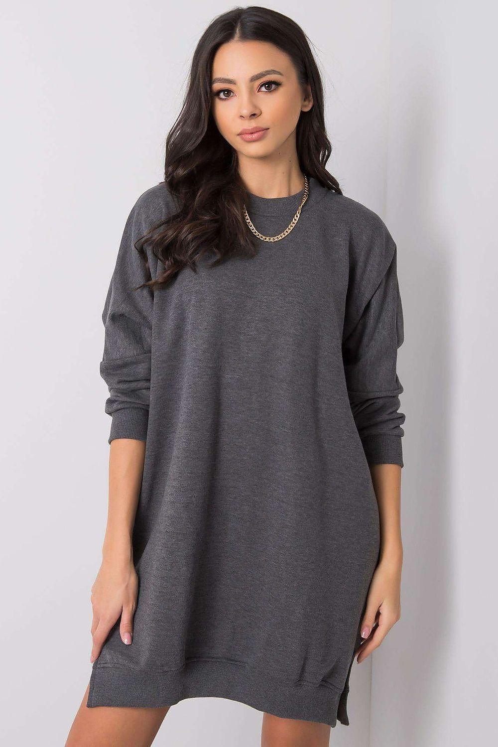 Grey sweatshirt daydress with round neck, long sleeves, relaxed tunic fit