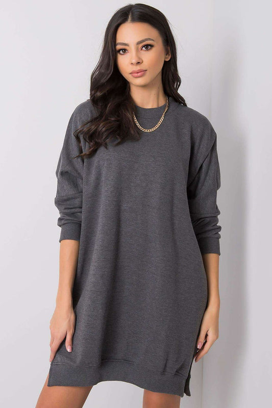 Grey sweatshirt daydress with crew neck, loose fit, long sleeves, ribbed cuffs