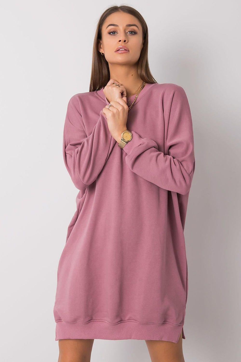 Pink sweatshirt day dress, long sleeves crewneck pullover with straight hem