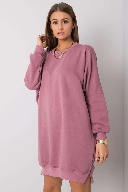 Pink sweatshirt dress, long sleeves and crew neck, straight knee-length silhouette