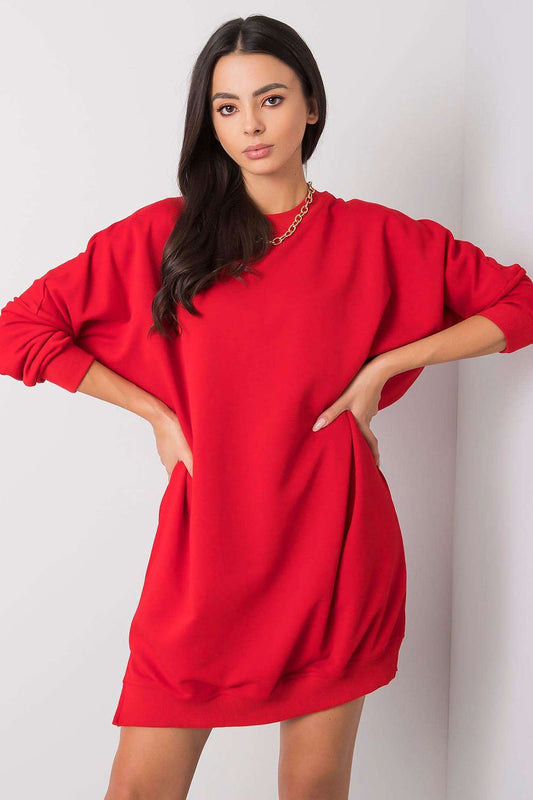 Red loose-fit cotton sweatshirt day dress, crew neck, long sleeves, above-knee length