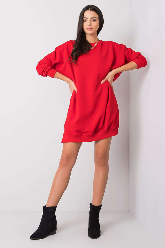 Red loose-fit sweatshirt day dress, crew neck, long sleeves, above-knee length