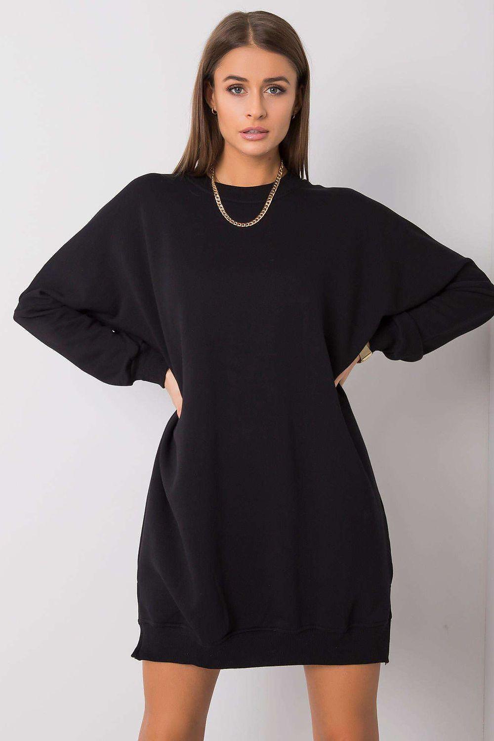 Black cotton sweatshirt-style day dress with crew neck and wide dolman sleeves