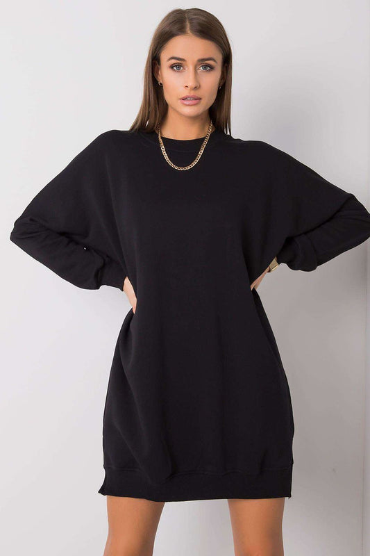 Black cotton sweatshirt dress with round neck, loose fit, long sleeves