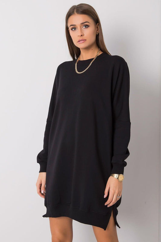 Black cotton sweatshirt dress, relaxed shift silhouette, long sleeves, crew neck