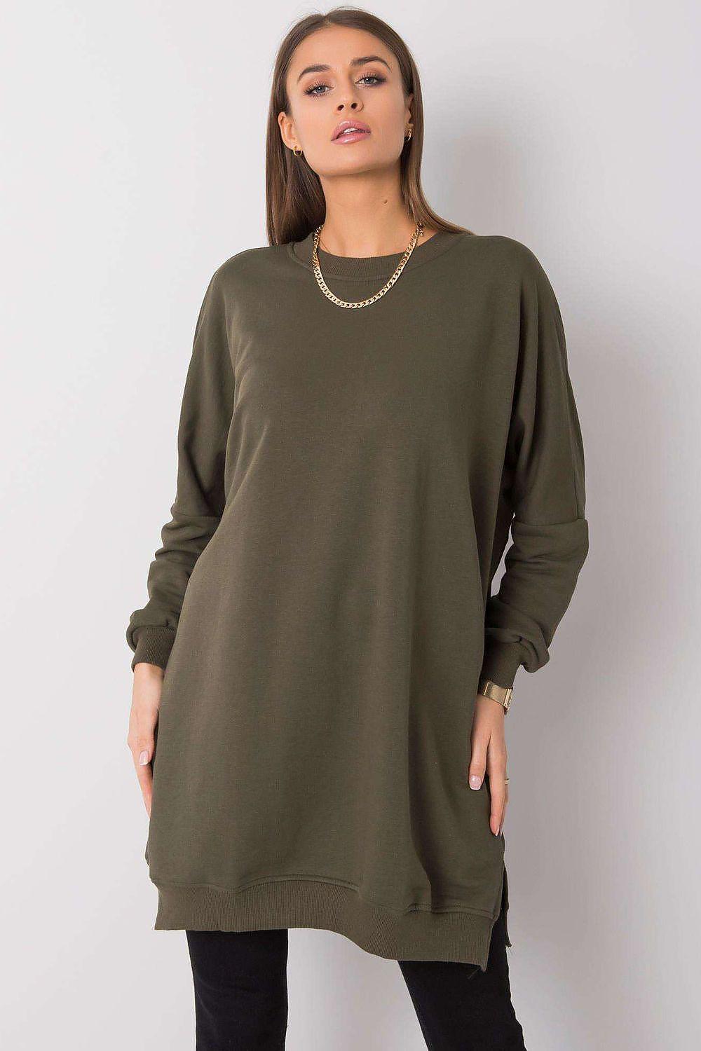 Loose-fit cotton sweatshirt day dress, green, crew neck and long sleeves