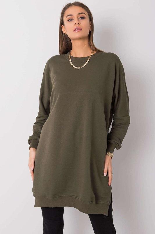 Green loose-fit sweatshirt day dress with crew neck, long sleeves, side slits