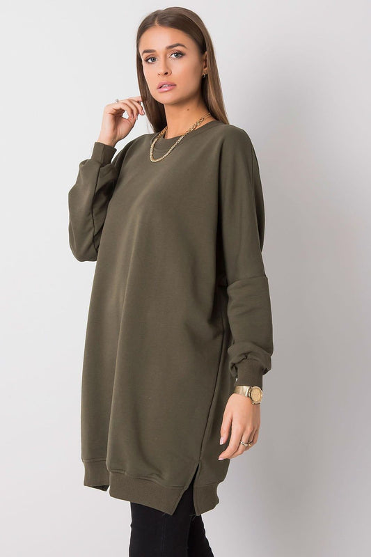 Green loose-fit sweatshirt day dress, crew neck, long sleeves, asymmetrical hem
