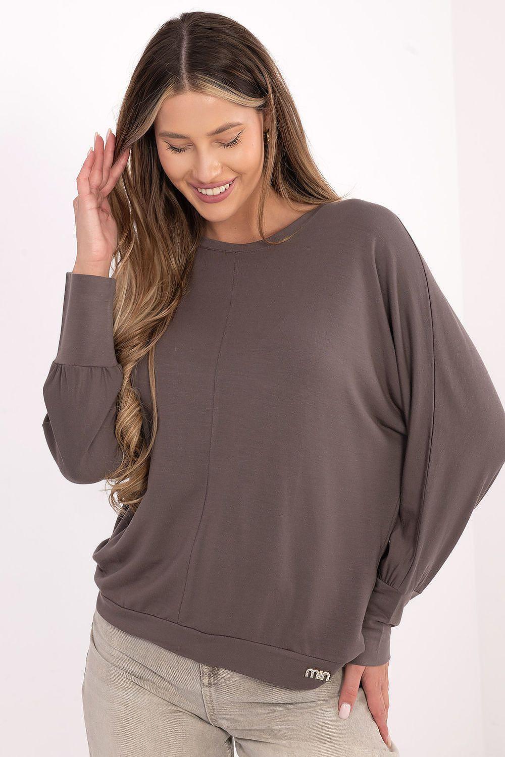 Micro modal blouse with crew neck, long sleeves, relaxed fit, dark tone