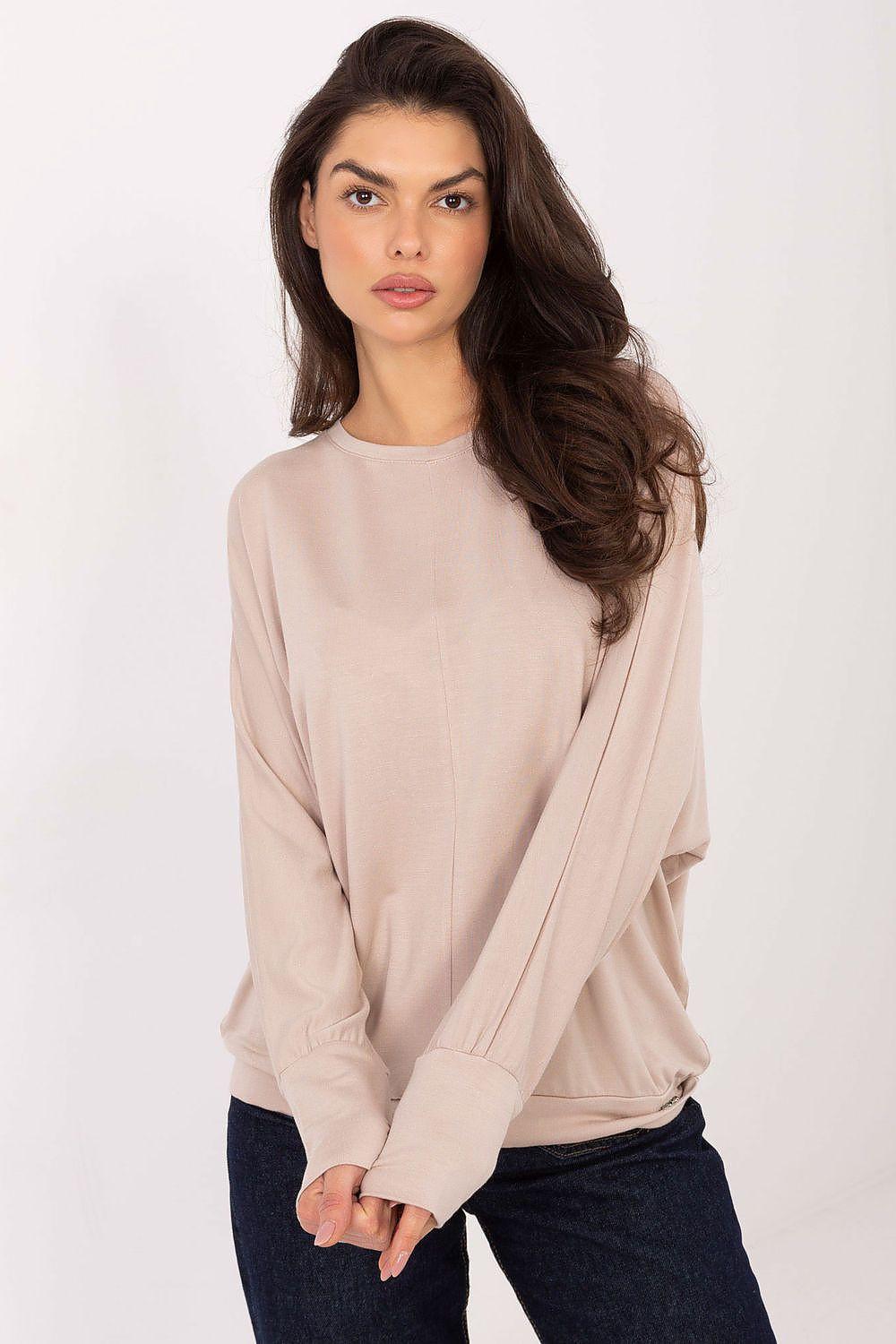 Beige long-sleeve blouse with crew neck, relaxed classic fit