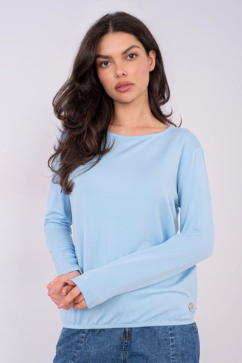 Light blue long-sleeve blouse with crew neck and small side button detail