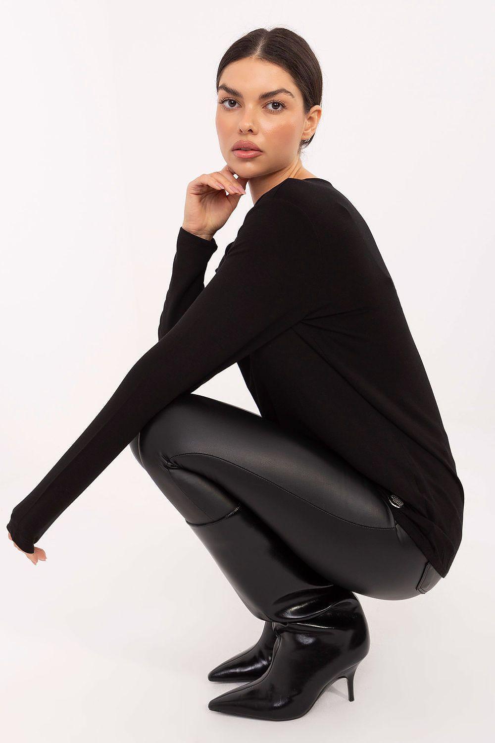 Black long-sleeve blouse with relaxed drape, crew neckline