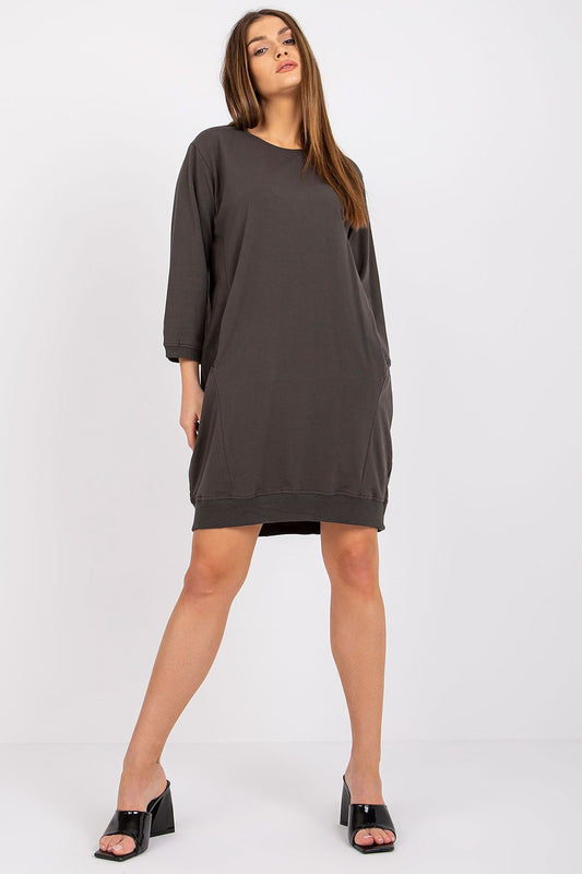 Dark gray sweatshirt day dress with crew neck, 3/4 sleeves, loose shift fit.
