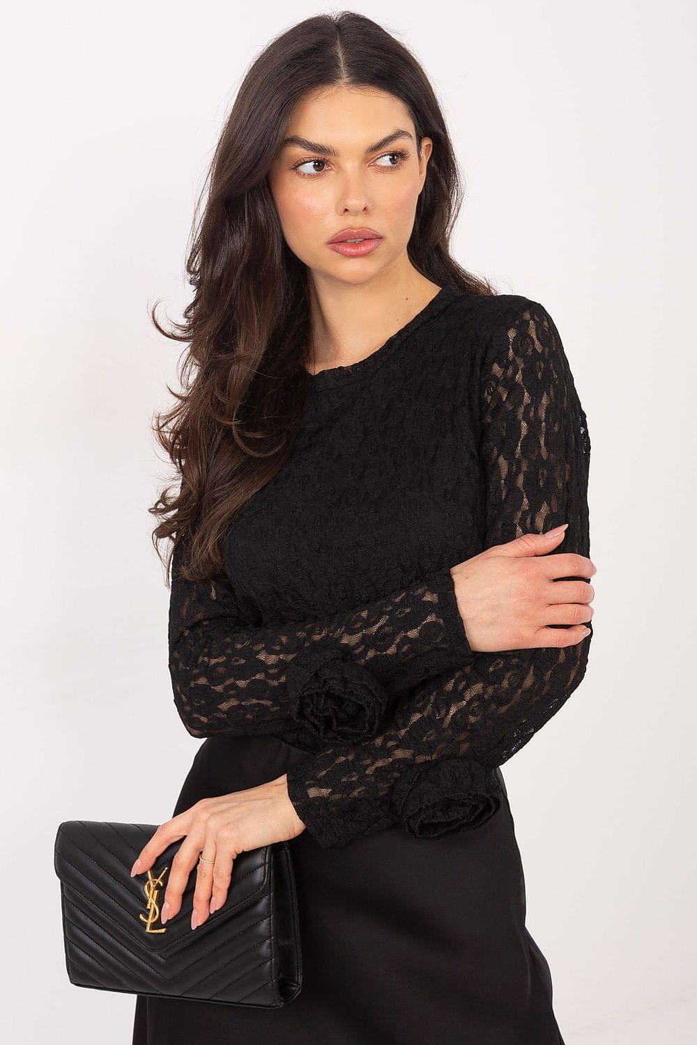 Black lace blouse with long sleeves and fitted waist