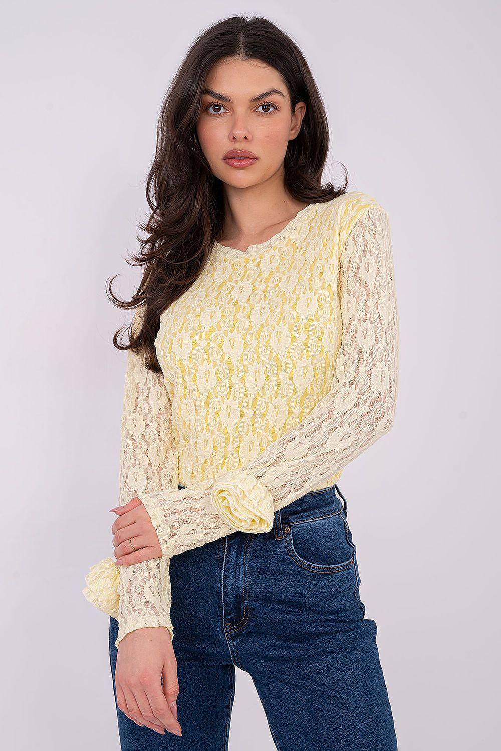 Yellow lace blouse with long sleeves and round neckline, rose detail at cuffs