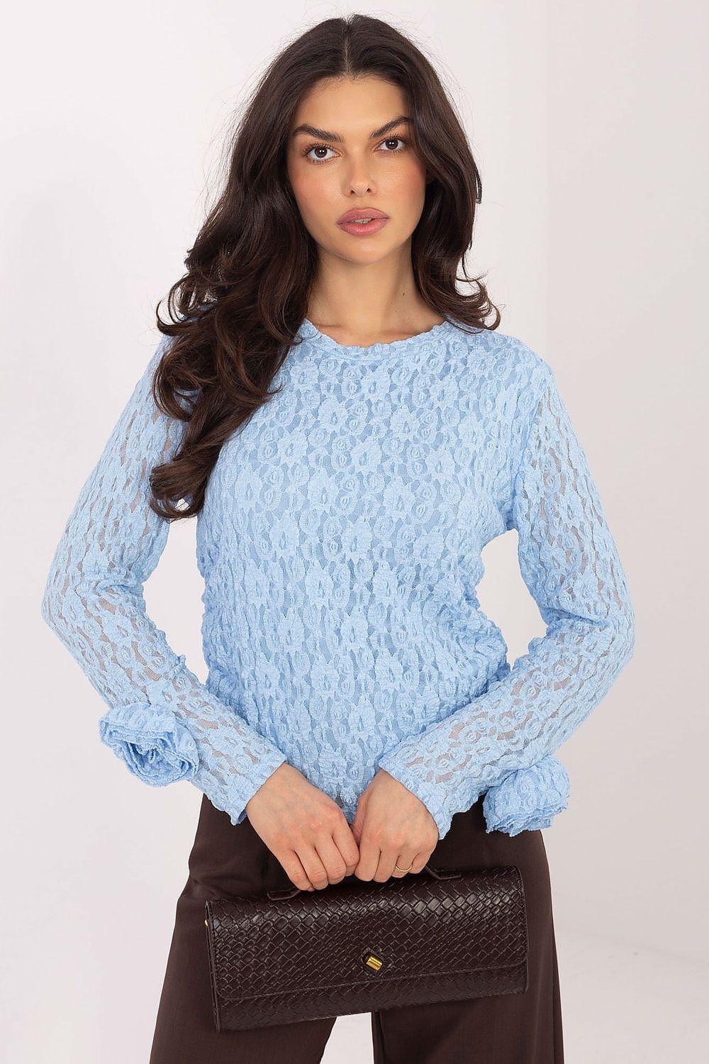 Light blue lace blouse with crew neck, long sleeves, scalloped cuffs