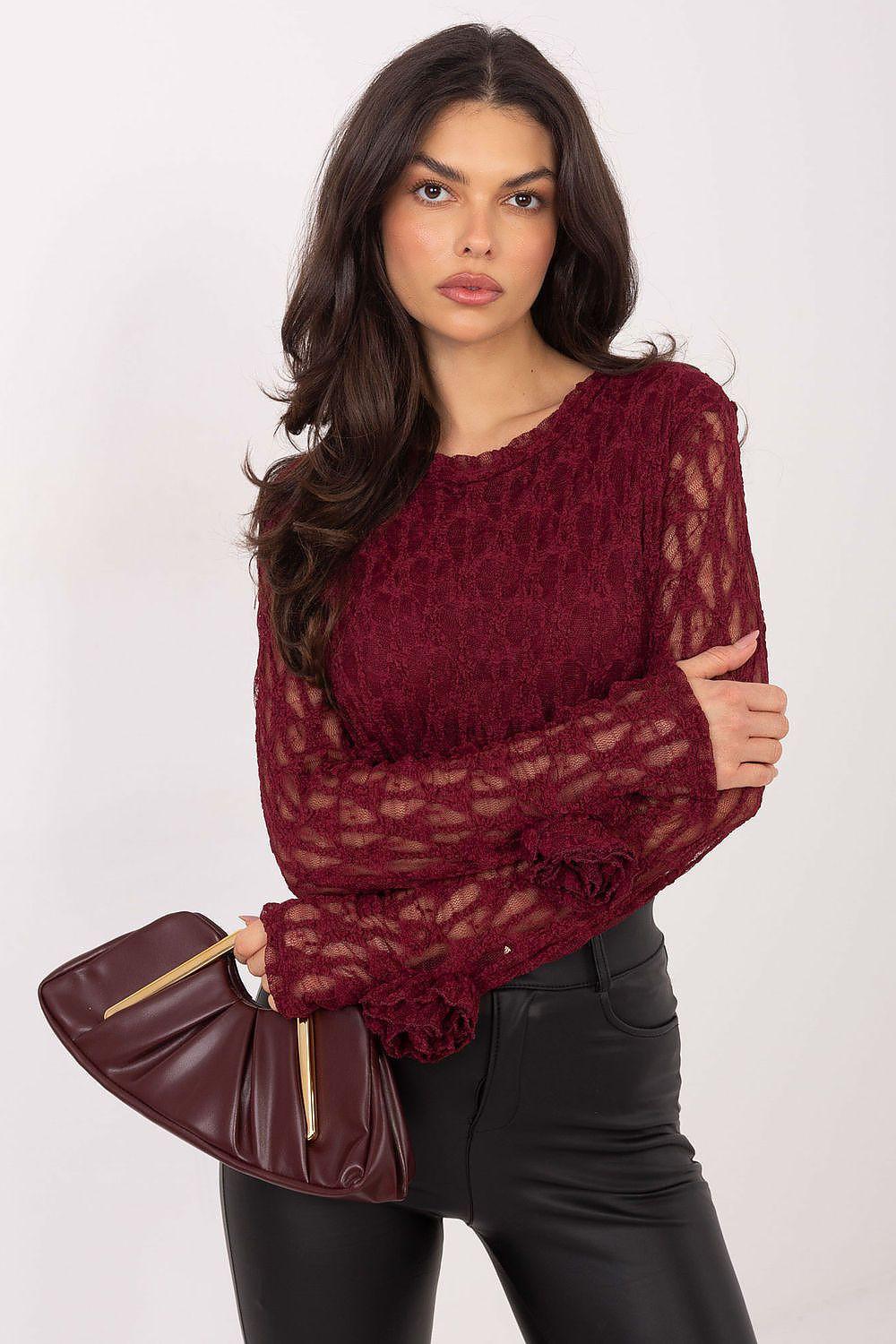 Fitted lace blouse with long sheer sleeves, dark red floral pattern